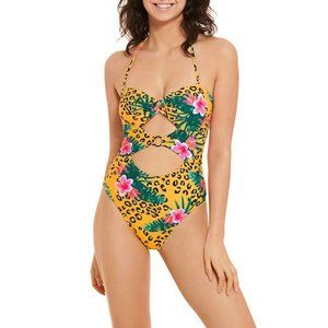 NWT Decree Leopard Print Monokini womens yellow Swimsuit w/ Corset Back - Size M